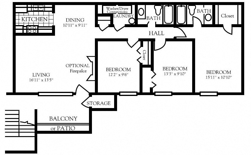 Floor plan for 3 beds, 2 baths, 1188 sqft